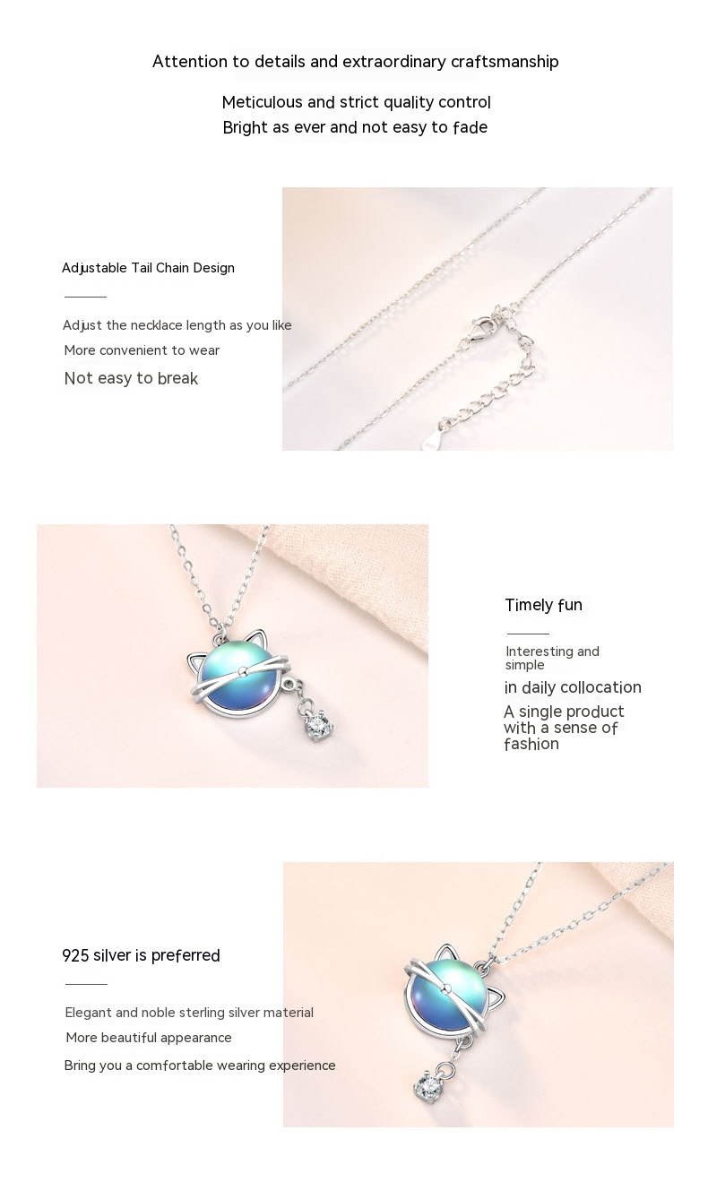 Title 11, Cat Moonstone Necklace 925 Silver Female Short ...