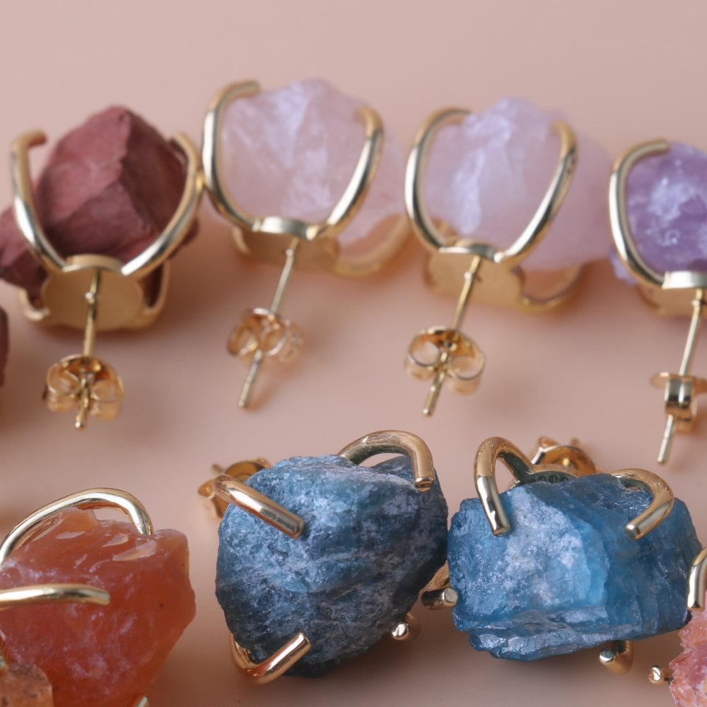 Gold-plated Four-claw Irregular Stone Rough Stone Stud Earrings For Women