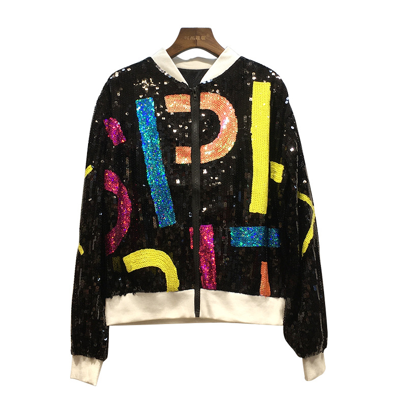 Sequined Color Letter Long Sleeve Loose Cardigan Zipper Coat
