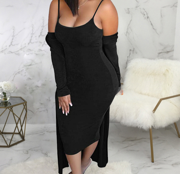 Winter Fleece Lining Sexy Suspender Women's Skirt Coat Two-piece Set