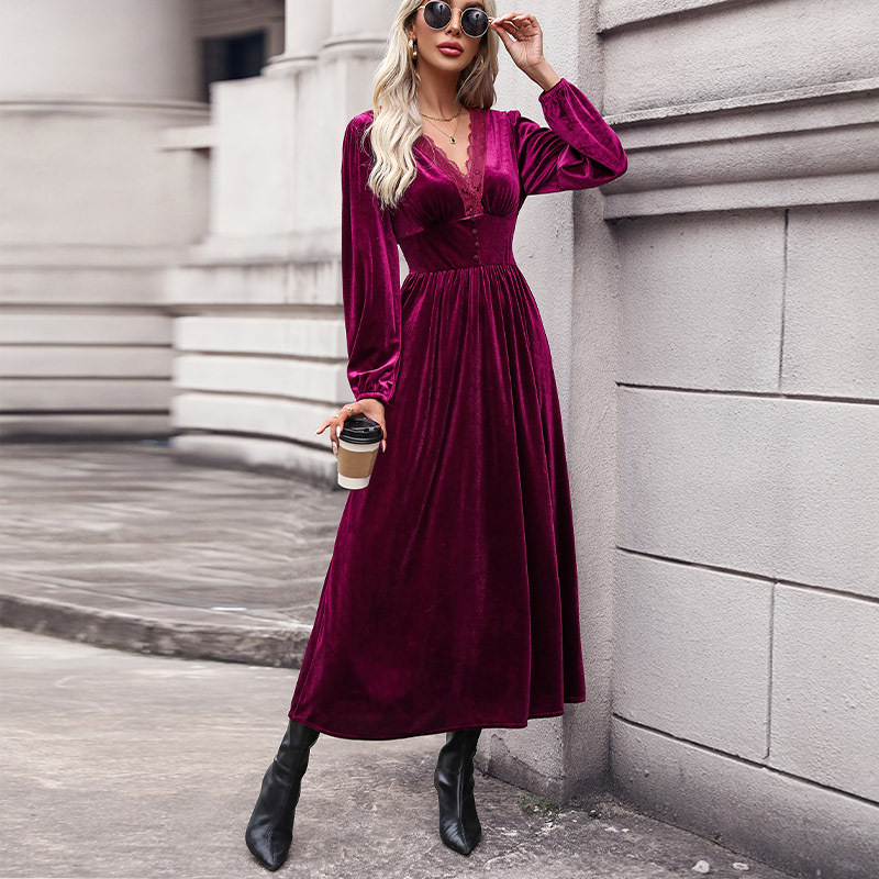 Lace Patchwork Long Dress Elegant Velvet