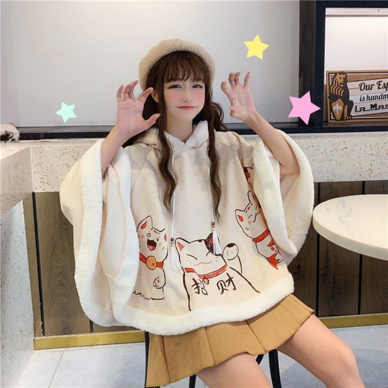 Autumn And Winter Cute Cat Ears Fleece-lined Student Coat Female Soft Girl Shawl Shawl Outer Wear