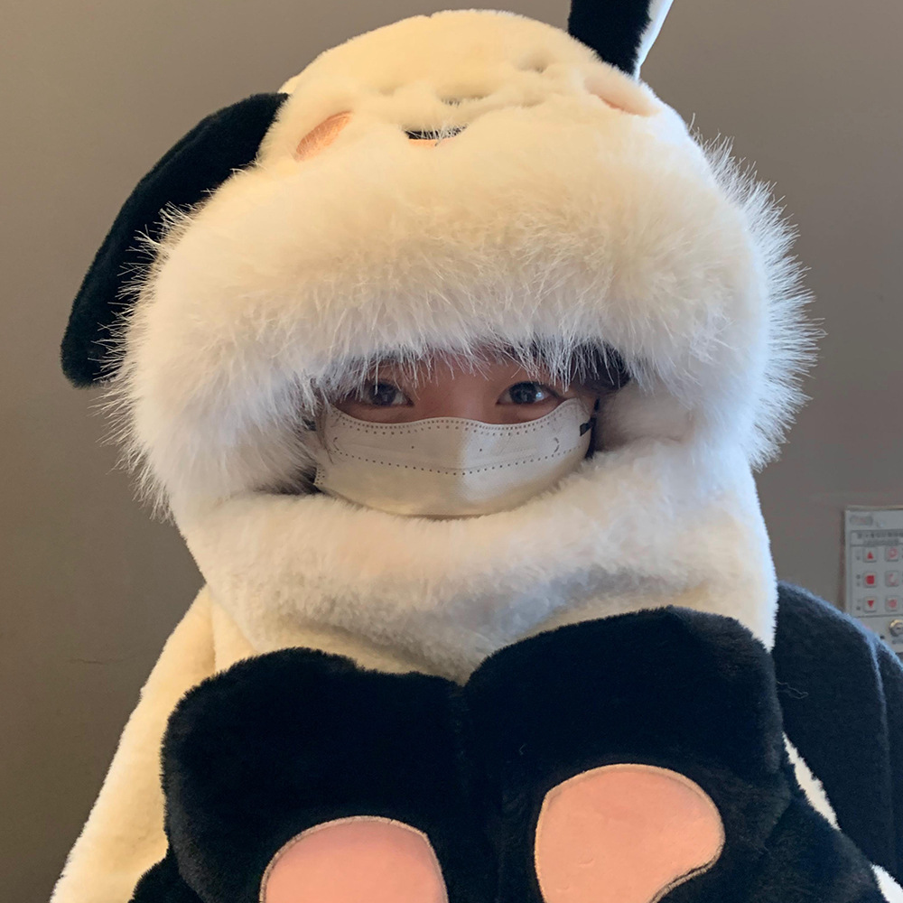 Cute Dog Winter Thickened Fleece Hat Scarf Gloves Integrated