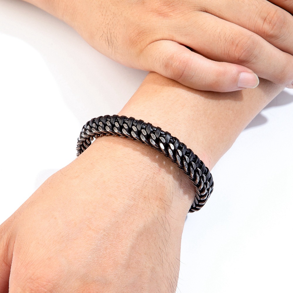 Vintage Leather Woven Men's Stainless Steel Buckle Bracelet