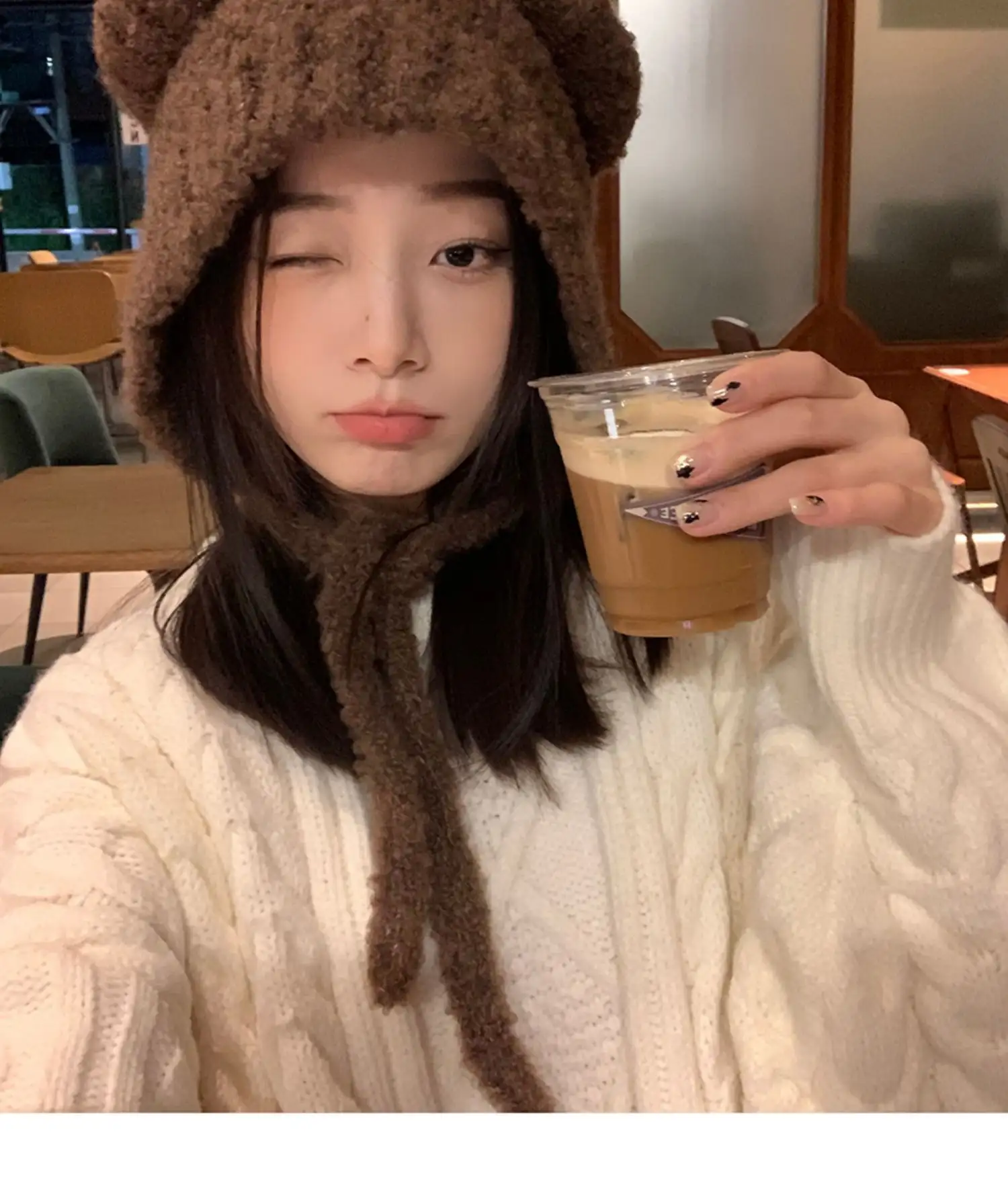 Lace-up Knitted Bear With Ears Wild Warm Hat Cartoon Cute Sweet Woolen Cap