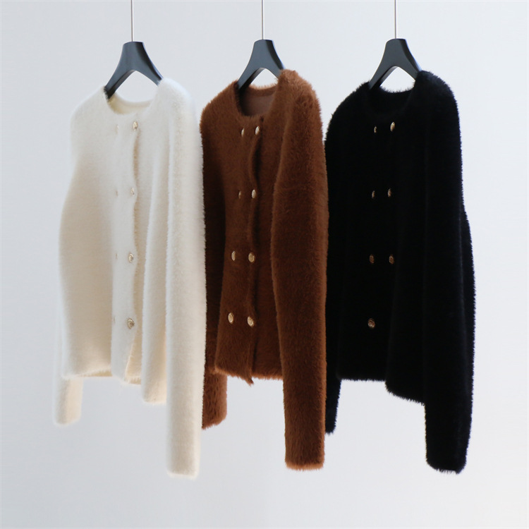 Square Mink Fur Double Breasted Round Neck Knitted Jacket