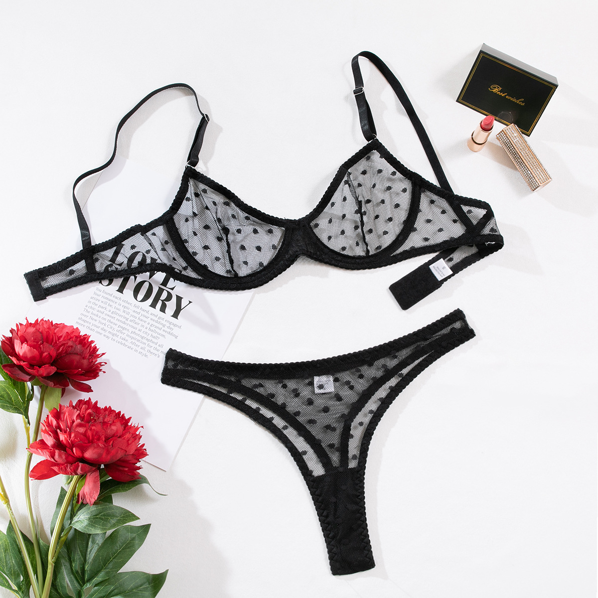 Title 7, Conjunto de lingerie sexy com bolinhas, meia ta...