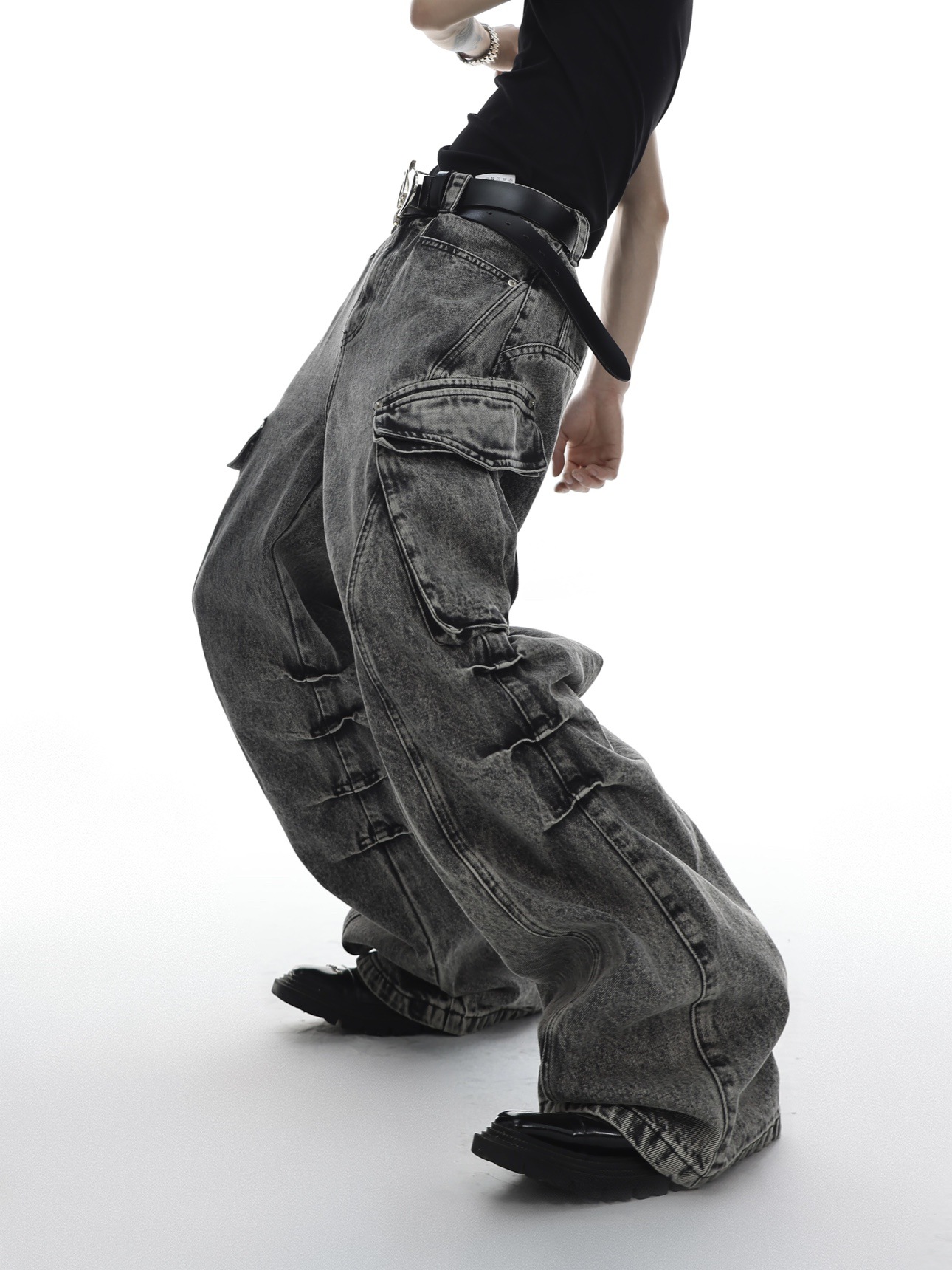 Niche Heavy Industry Pleated Washed Slightly Flared Jeans Large Pocket Design Casual Wide-leg Pants