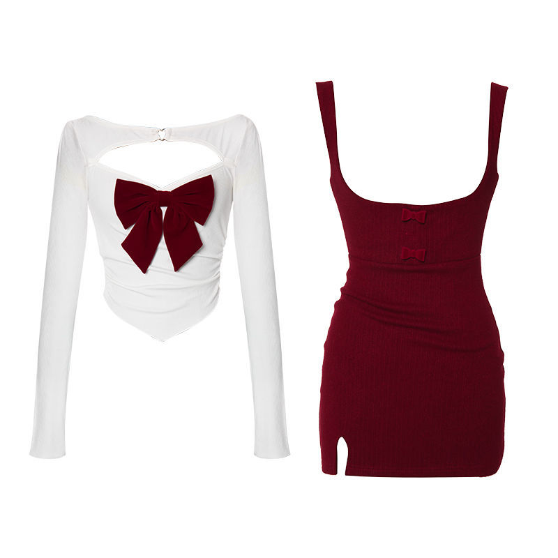 Girl Bow White Long-sleeve T-shirt Red Hip Skirt Fashion Suit