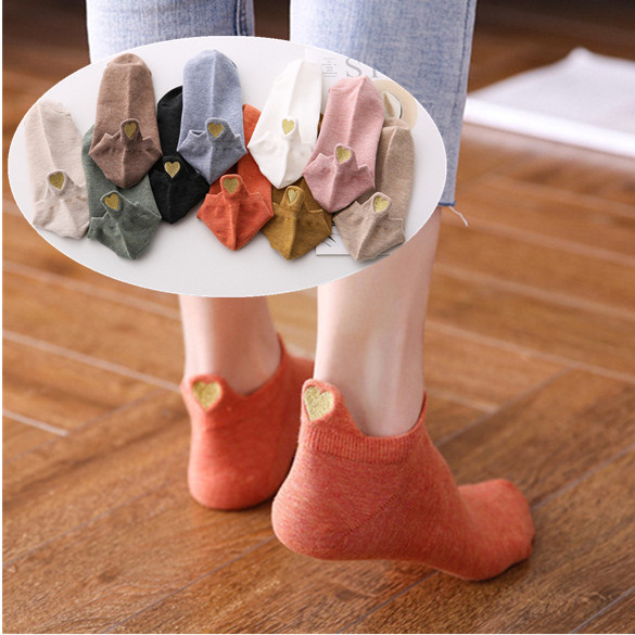 Heel Ear Love Embroidery Women's Boat Socks