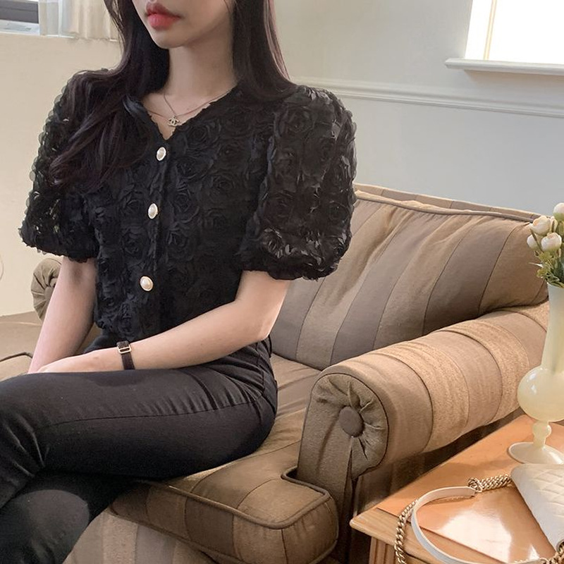 Women's V-neck Three-dimensional Rose Large Pearl Buckle Short-sleeved Shirt