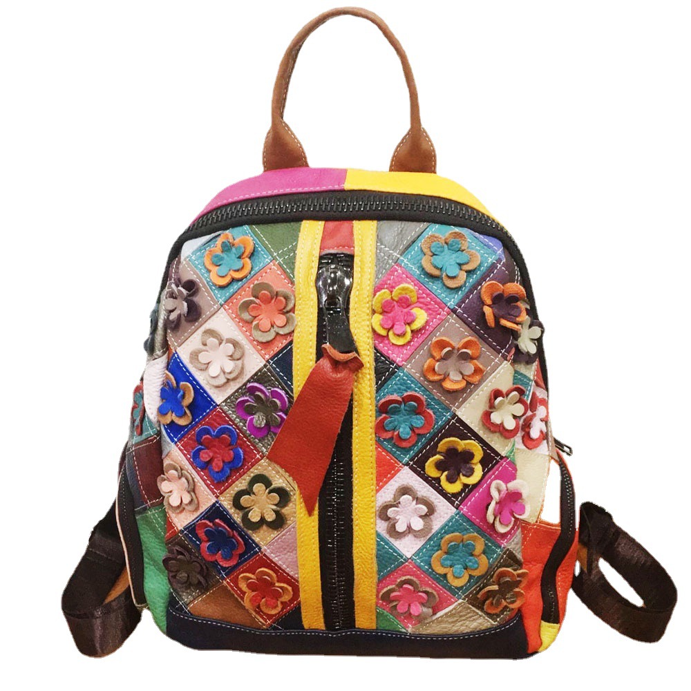 Title 1, Color Genuine Leather Flower Stitching Backpack