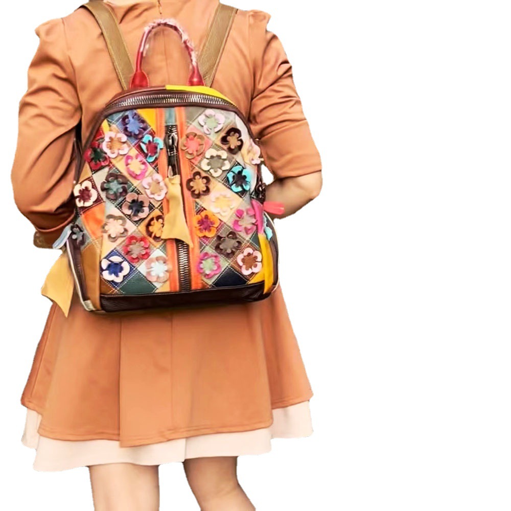 Title 4, Color Genuine Leather Flower Stitching Backpack