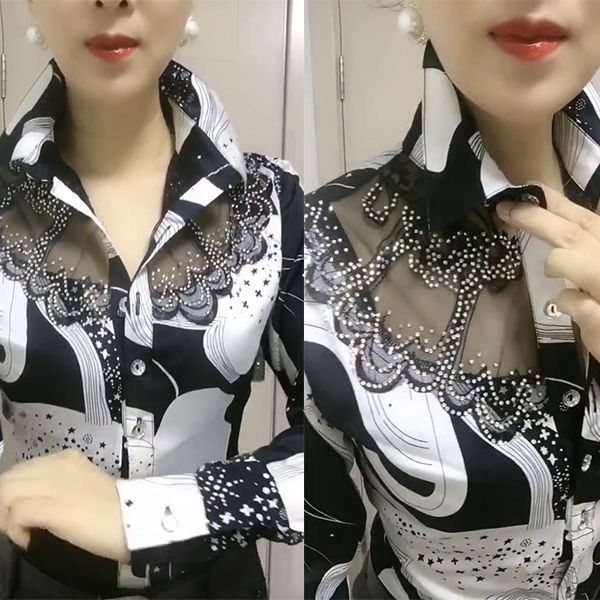 Summer Thin Printed Sun Protection Western Style Rhinestone Lace Chiffon Patchwork Floral Top