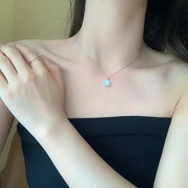 925 Sterling Silver Light Luxury Full Diamond Round Opal Stone Necklace For Women
