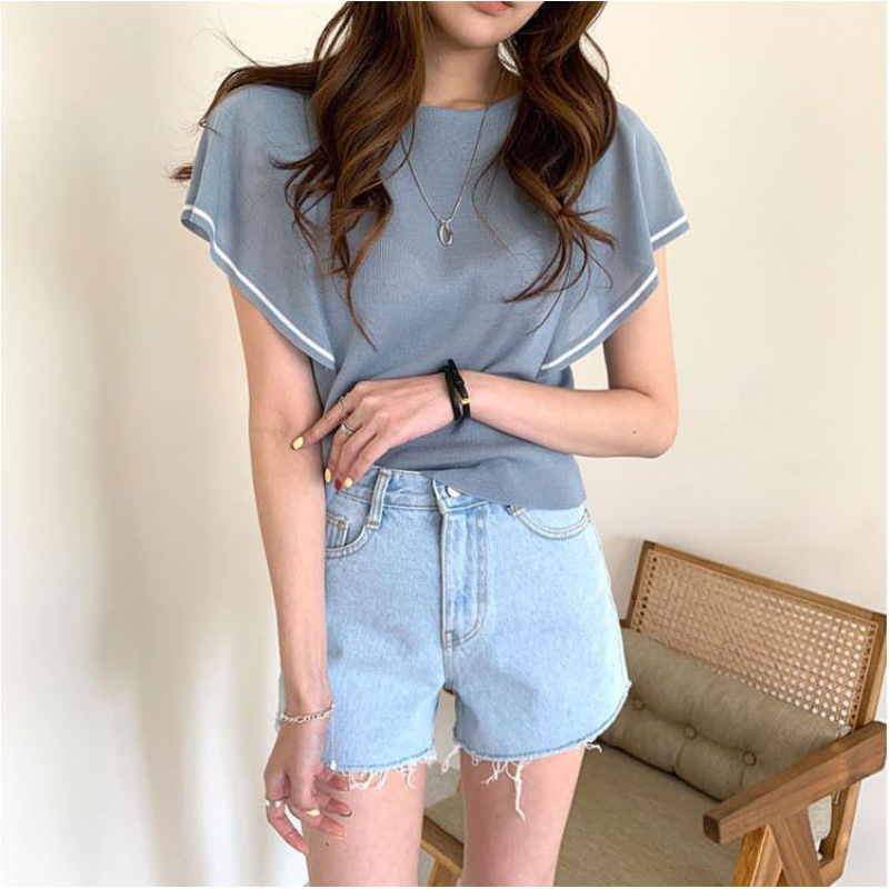 Women's Crocheted Ruffled Sleeve Round Neck Ice Silk Knitted Top