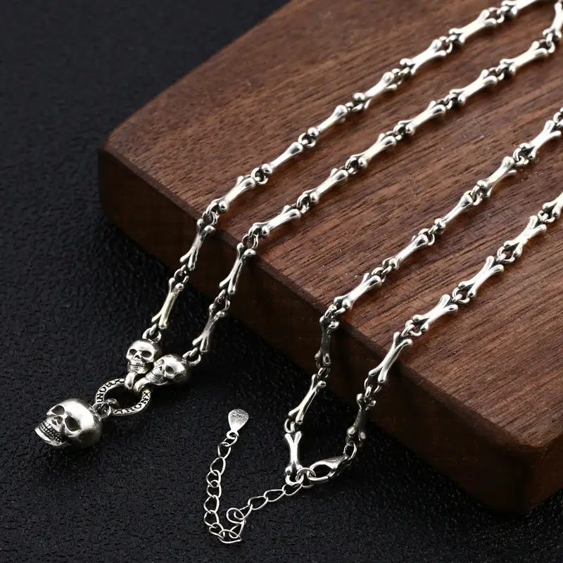 Sterling Silver Male And Female Personality Skull Bone Stitching Necklace