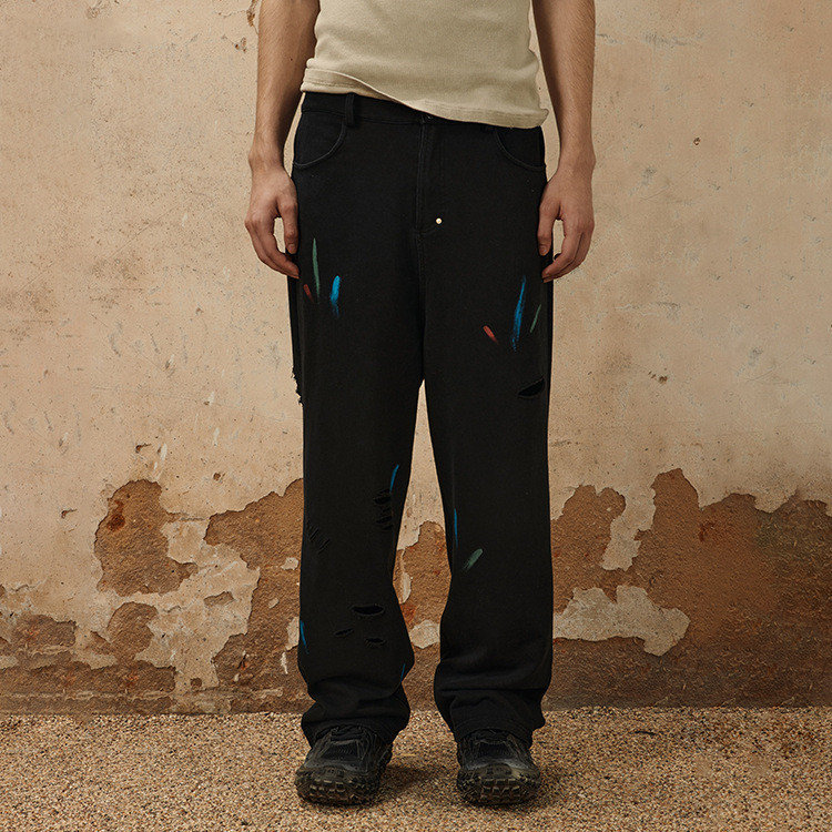 Splash Ink Hand Frayed Design Pure Cotton Casual Pants