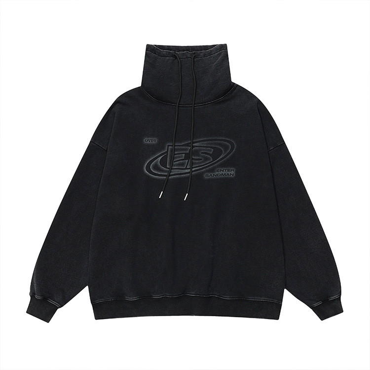Washed Turtleneck Print Loose Retro Letter Terry Sweater