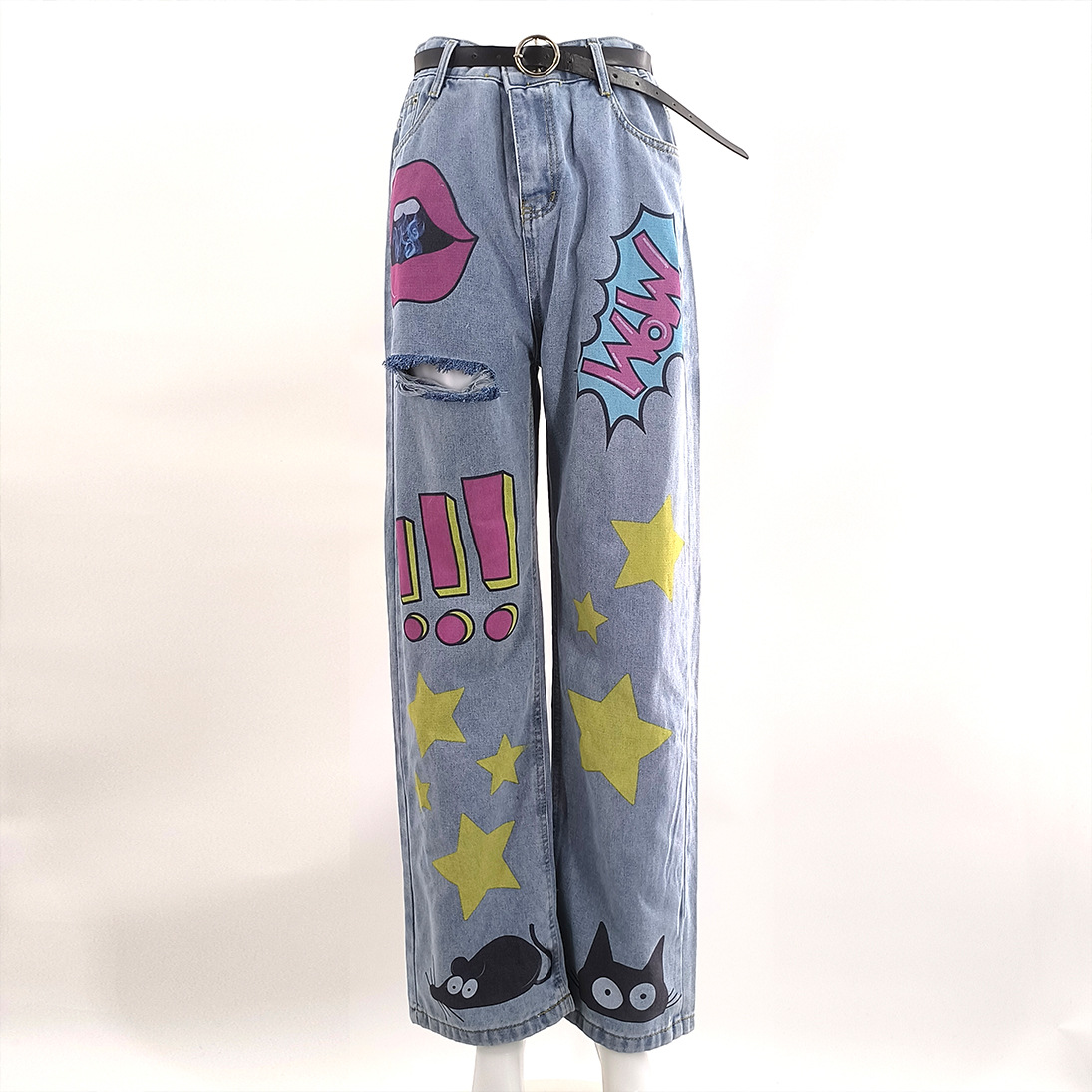 INS European And American Style Autumn Fashion Low Waist Vintage Printed Slim Fit Straight-leg Denim Trousers - Image 2