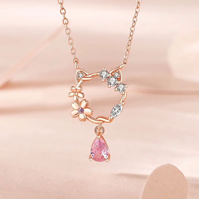 Peach Blossom Cat 925 Sterling Silver Micro-inlaid Ins Style Necklace