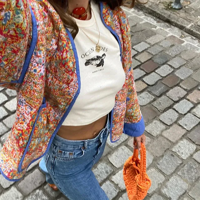 Autumn Long sleeved Coat Loose Retro Printed Women's Cotton Padded Broken Flowers - Shop at LoveMi
