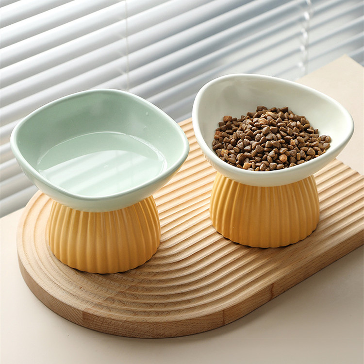 Ceramic Pet Food Basin Tall Feet Oblique Color Matching Cat And Dog Bowl