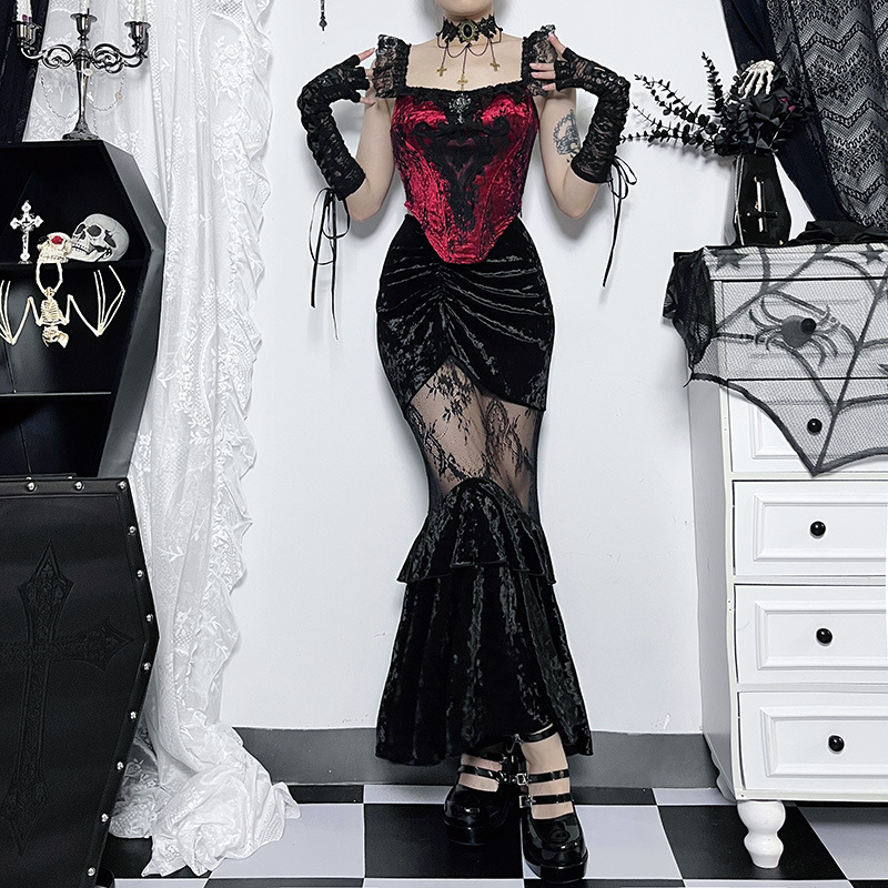 See-through Embossed Dress Dark Style Elegant Suede Lace Stitching Skirt