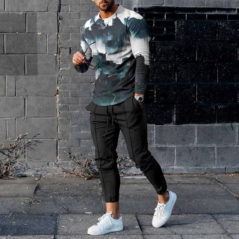 20223 Spring New Fashion Printed Simple Round Neck Sweater Casual Suit Men