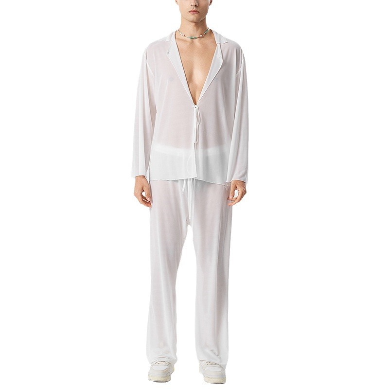 Men's Pure Color Tied Long Sleeve Cardigan Shirt Trousers Suit