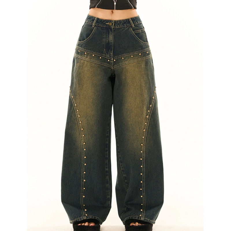 Washed-out Vintage Blue Washed Low Waist Jeans For Women