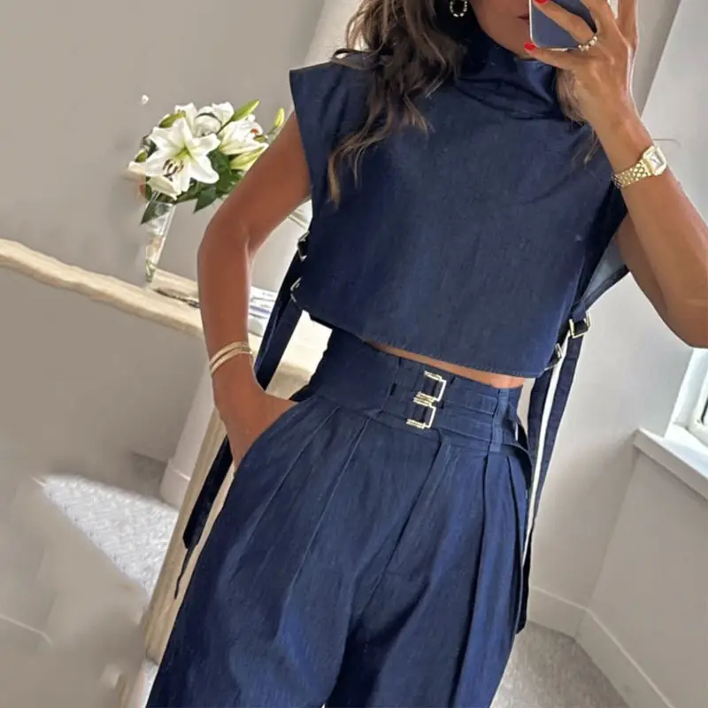 Casual Belt Decorative Turtleneck Short Sleeve And Long Pattern Suit