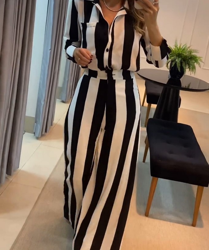 Title 2, Fashion Striped Pocket Design Shirt Wide Leg Pa...