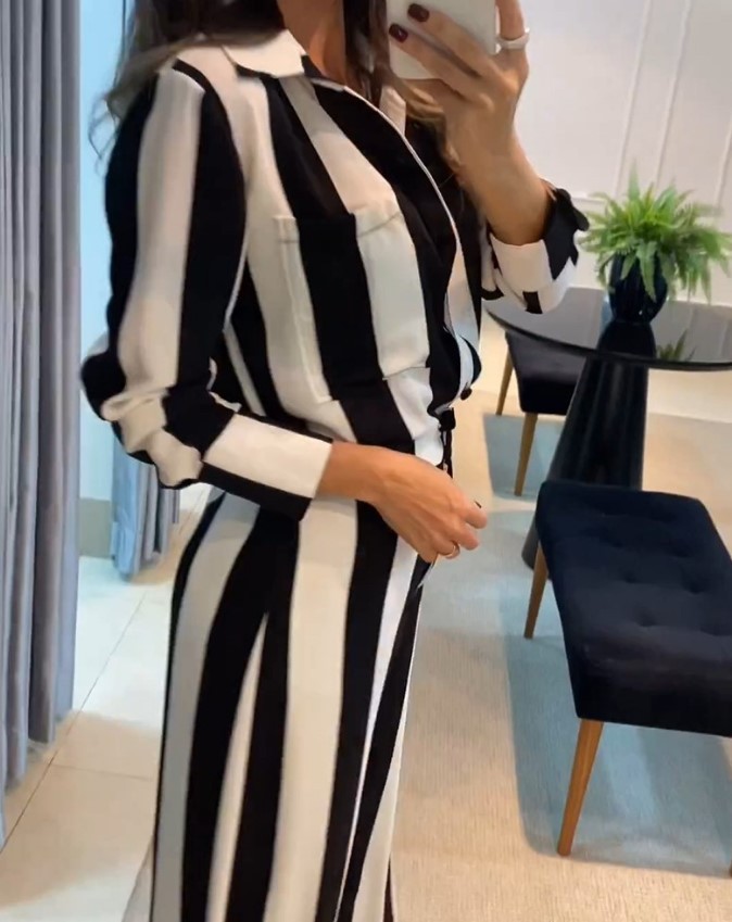 Title 3, Fashion Striped Pocket Design Shirt Wide Leg Pa...