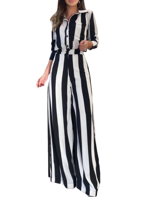 Title 5, Fashion Striped Pocket Design Shirt Wide Leg Pa...