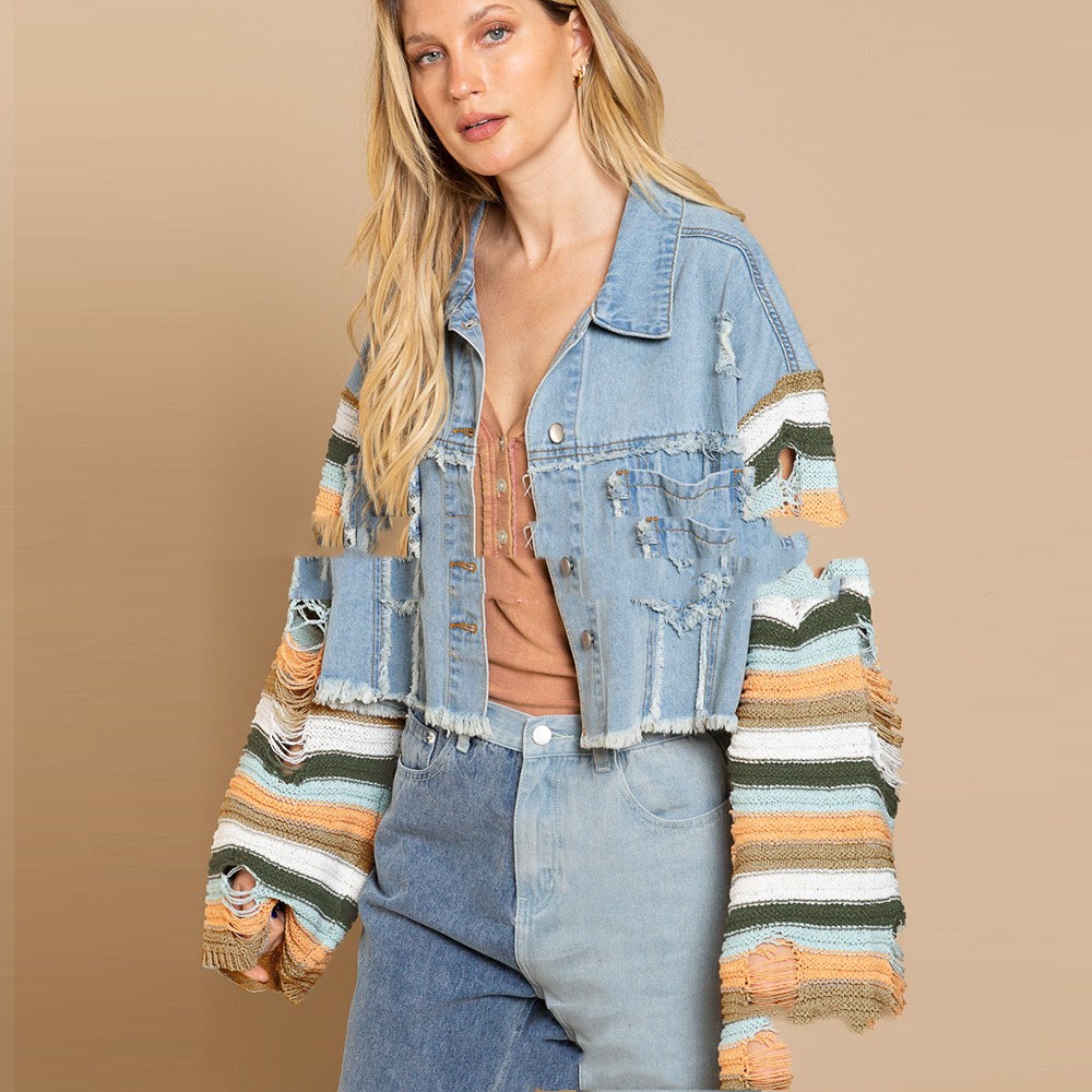 Fall Winter Cowboy Patchwork Knitting Coat Female Rainbow Ripped Long Sleeves Cropped Jacket