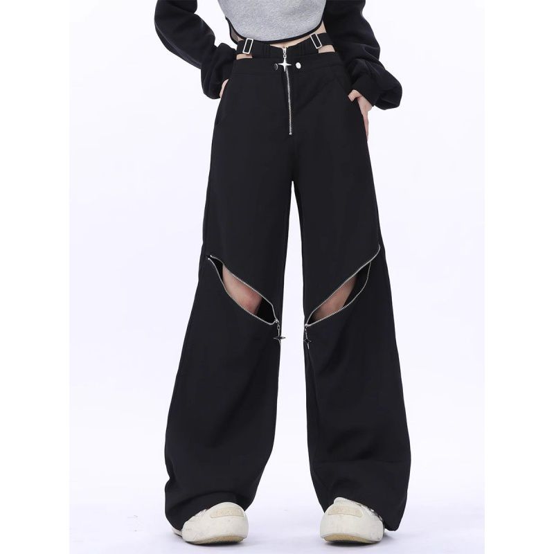 Women's Autumn Retro Multi-zipper Pocket Two-way Design Drawstring Casual Pants