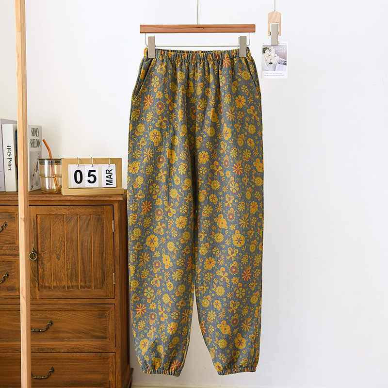 Women's Fashionable Vintage Yarn-dyed Closed Cotton Drawstring Trousers