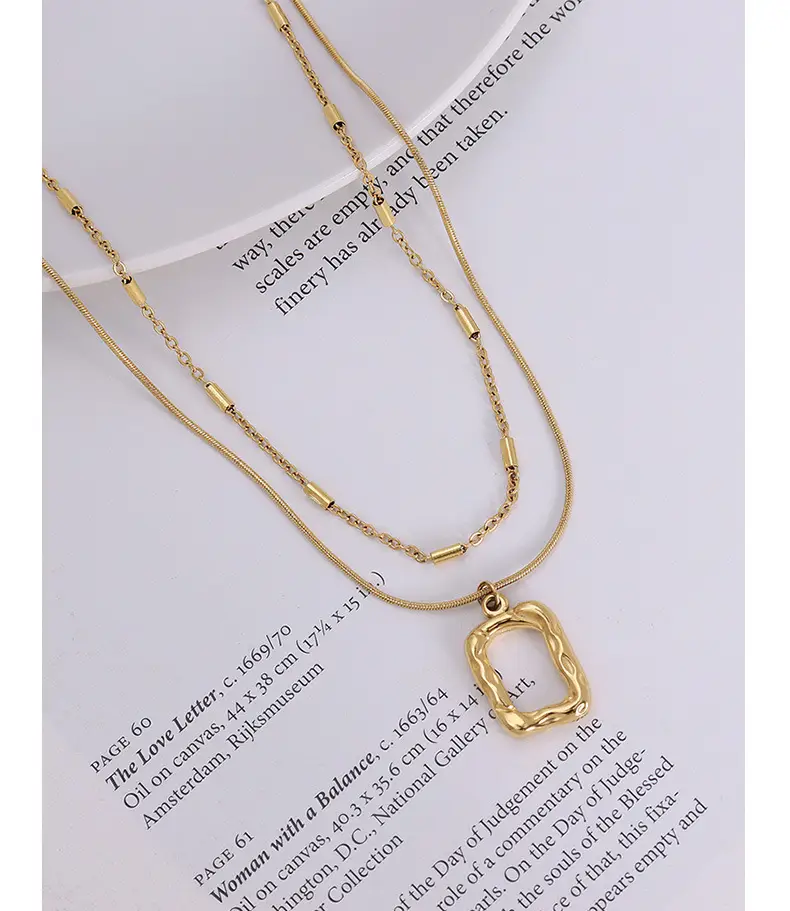 Retro Ins Style Ornament Titanium Steel 18K Gold Geometric Square Clavicle Chain Double Layer Twin Necklace