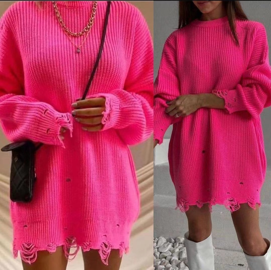 Solid Color Round Neck Long Sleeve Burrs Loose Knitted Pullover