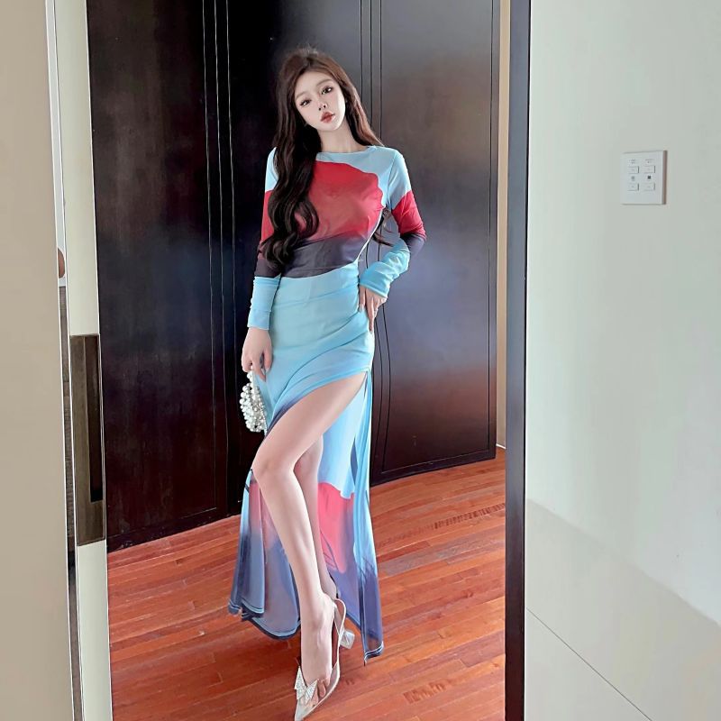 Women's Clothing Wholesale Southeast Asian Design Sense Printed Mesh See-through Split Long Dress - 5