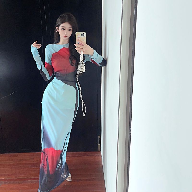 Women's Clothing Wholesale Southeast Asian Design Sense Printed Mesh See-through Split Long Dress - 9