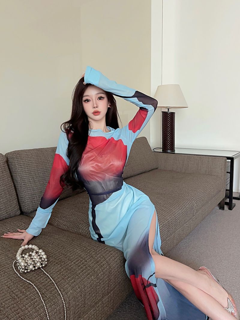 Women's Clothing Wholesale Southeast Asian Design Sense Printed Mesh See-through Split Long Dress - 11