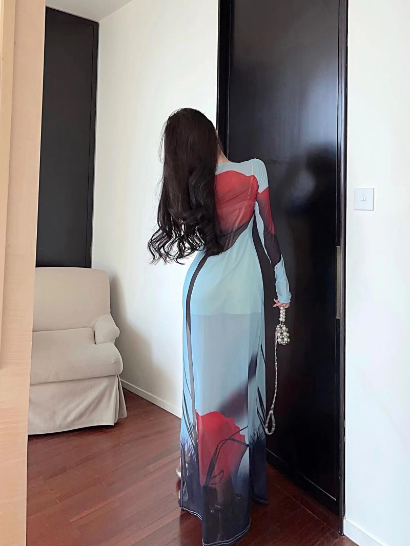 Women's Clothing Wholesale Southeast Asian Design Sense Printed Mesh See-through Split Long Dress - 12