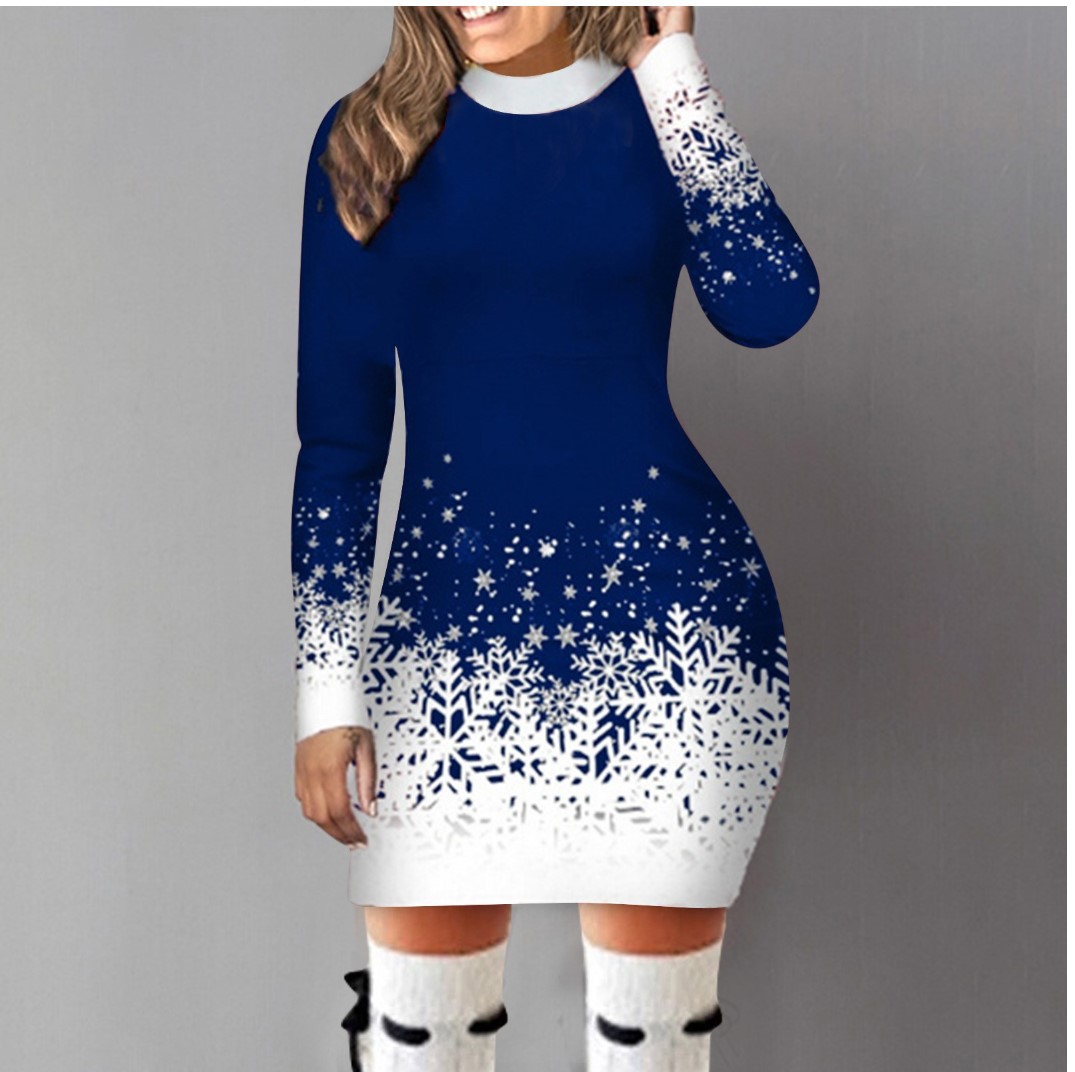 European And American Christmas Printed Long Sleeve Dress A-lineskirt Women
