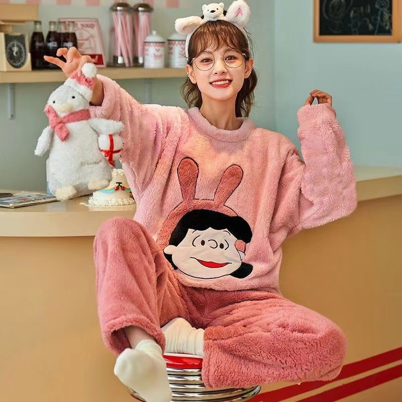 Autumn And Winter Flannel Thickened Women's Sweet Cartoon Casual Long Sleeve Pullovers Home Wear