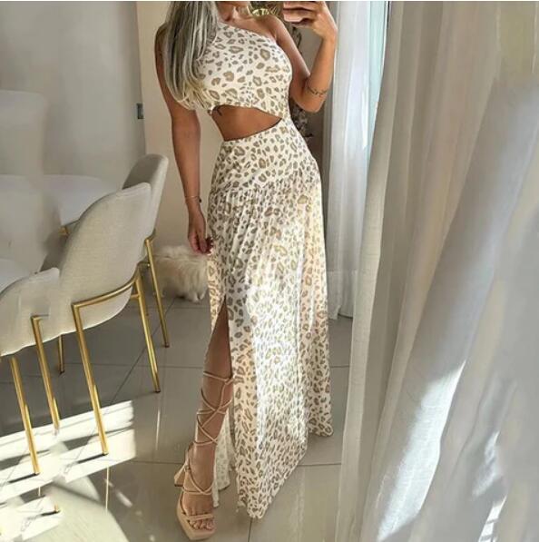 Autumn Women Sleeveless Leopard Print Split Sling Dress