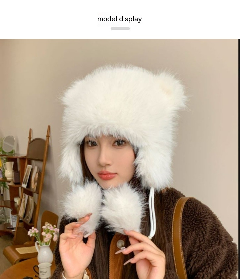 Winter Earflaps Thick Plush Women Cute Bear Ears Hanging Ball Thermal Head Cover Beanie Hat - Women's Clothing