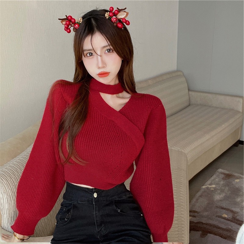 Women's Autumn And Winter Halter Red Bottoming Shirt Sweater Top