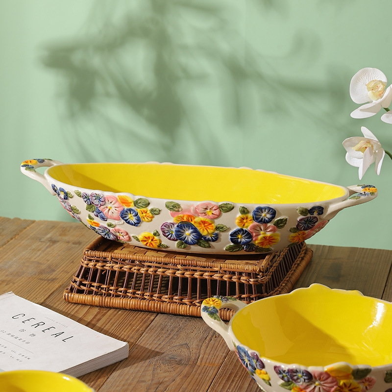 Foya Life Underglaze Embossed Hand Painted Ceramic Tableware Fruit Plate High Leg Rice Bowl
